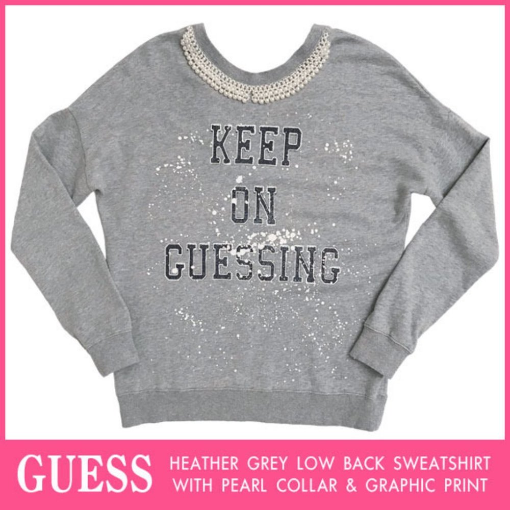 Guess Heather Grey Low Back Sweatshirt With Pearl Color & Graphic Print Size M